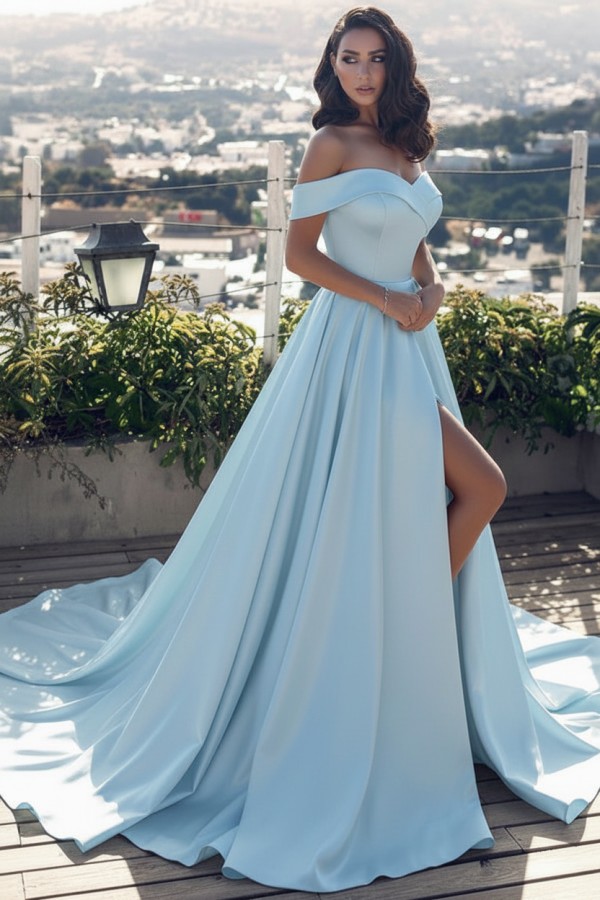 Fashion Blau Abendkleider Lang Günstig Schulterfrei Abendmoden Partykleider