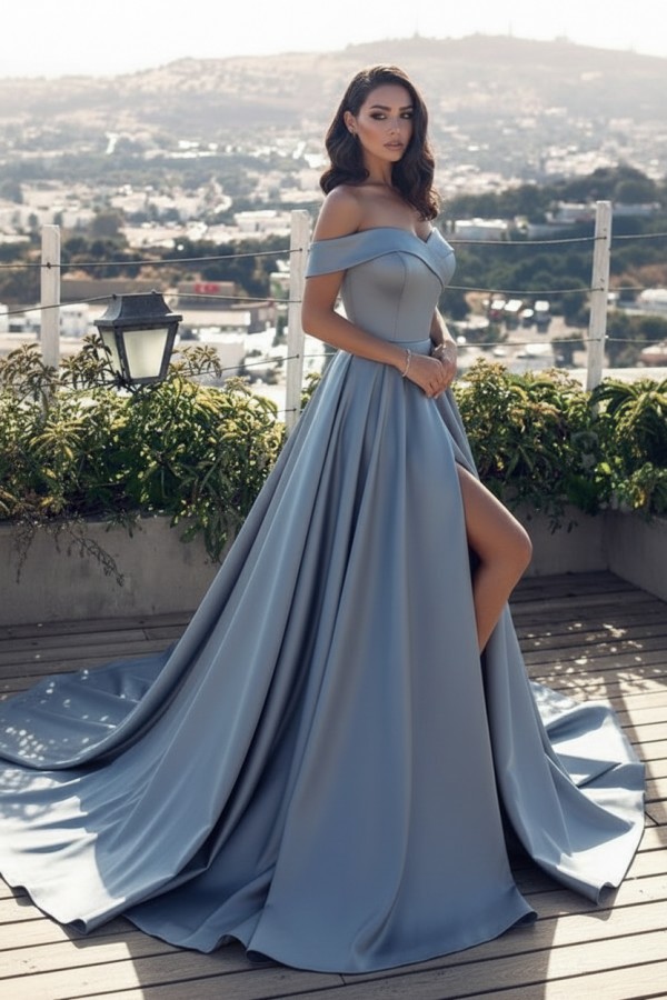 Fashion Blau Abendkleider Lang Günstig Schulterfrei Abendmoden Partykleider
