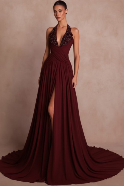 Elegante Abendkleider Lang Braun V Ausschnitt Ballkleider Chiffon