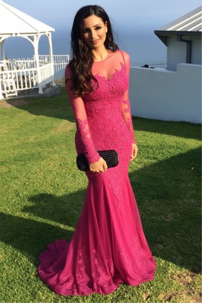 Schwarz Abendkleider Lang Ärmel Spitze Meerjungfrau Abendmoden Partykleider