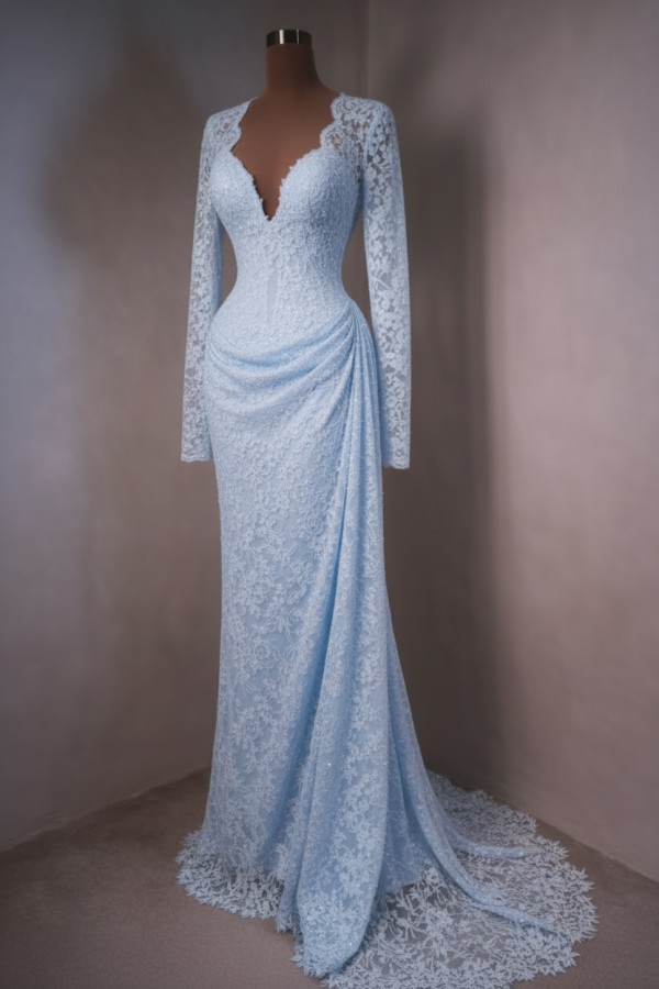 Elegante Abendkleider Lang Himmer Blau Ballkleider mit Ärmel