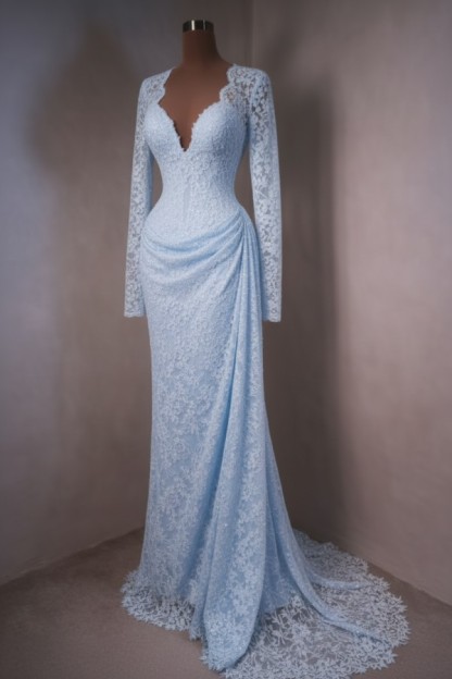 Elegante Abendkleider Lang Himmer Blau Ballkleider mit Ärmel