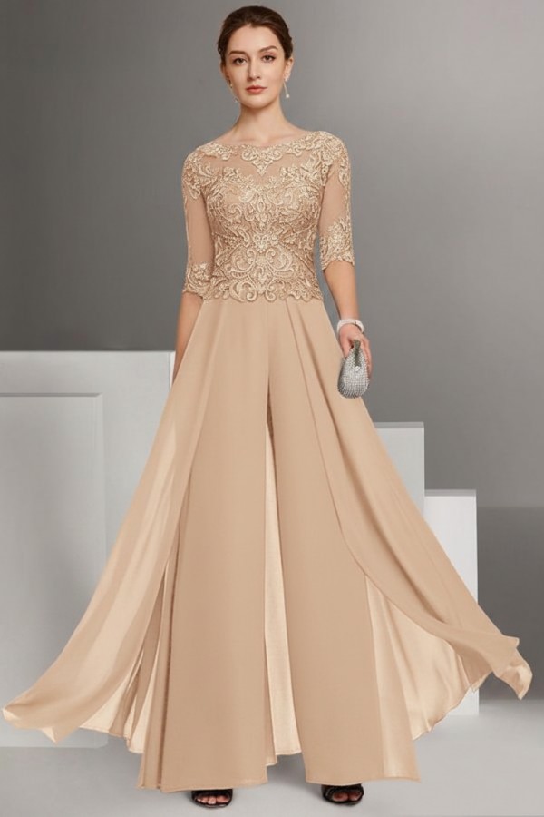 Festliche Hosenanzüge Lang | Chiffon Brautmutterkleider mit Ärmel