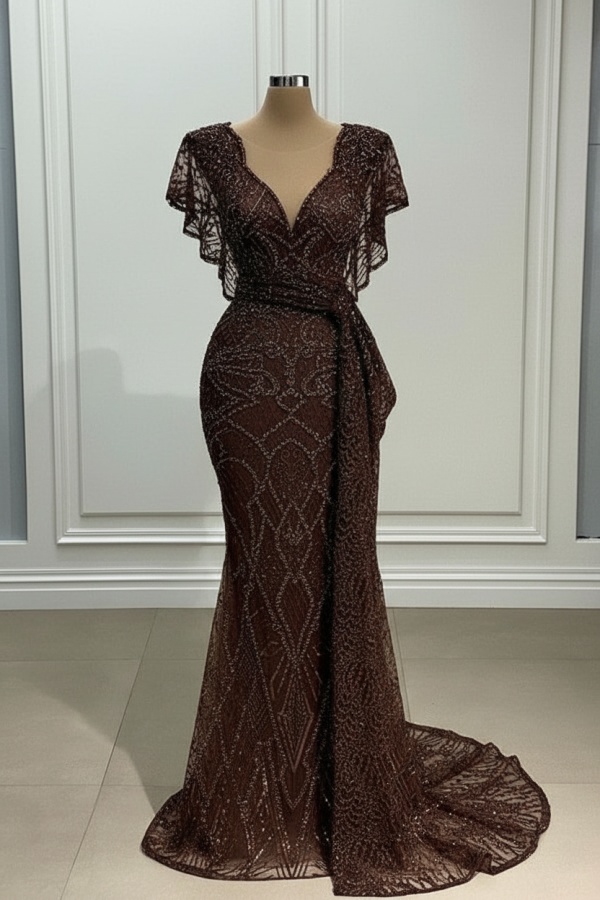 Elegante Abendkleider Lang Gold Spitze Abiballkleider mit Glitzer