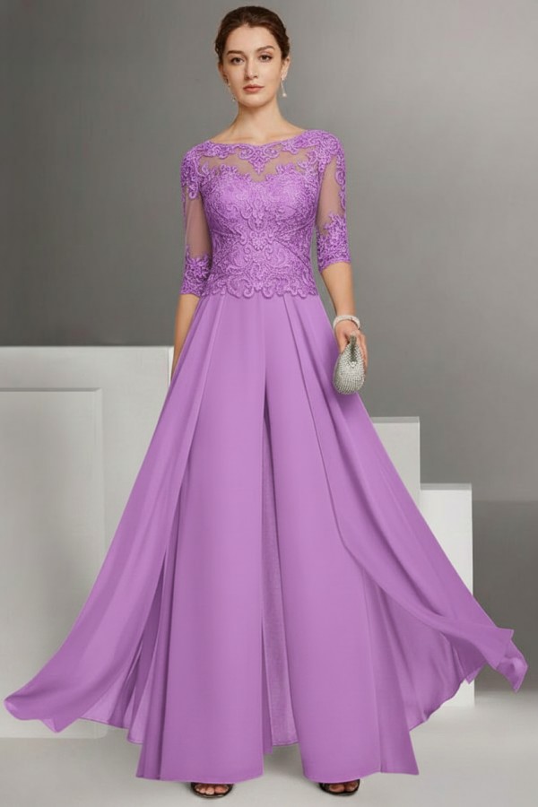 Festliche Hosenanzüge Lang | Chiffon Brautmutterkleider mit Ärmel