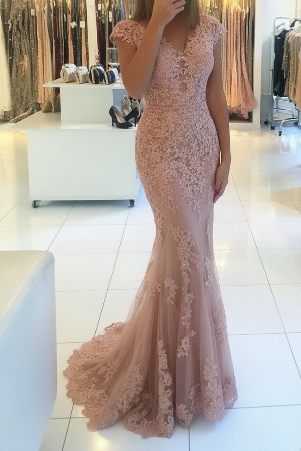 Elegante Rosa Abendkleider Lang Günstig Spitze Bodenlange Abiballkleider Abendmoden