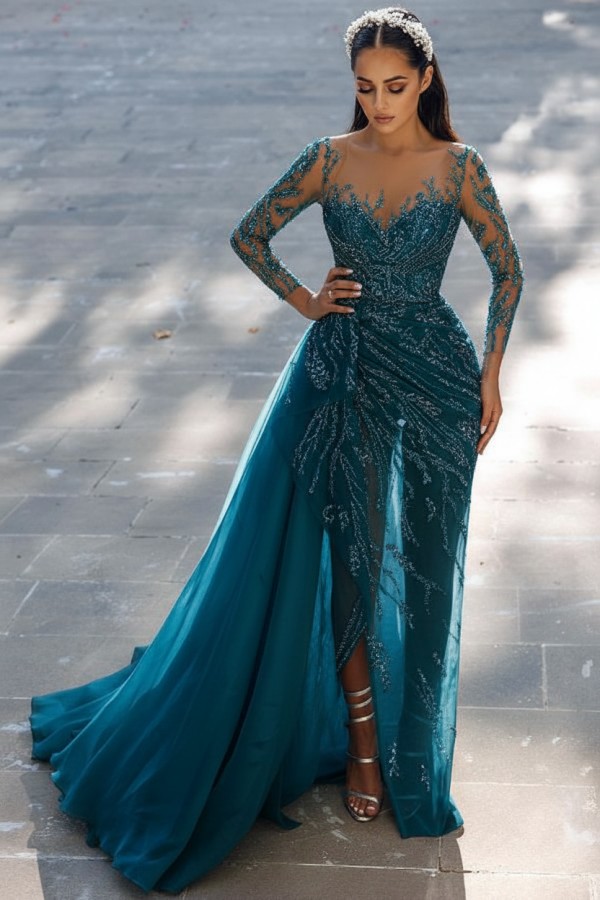 Elegante Abendkleider Lang Glitzer | Blaue Abiballkleider mit Ärmel