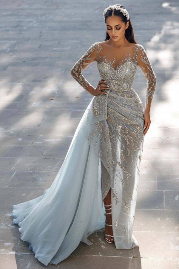 Elegante Abendkleider Lang Glitzer | Blaue Abiballkleider mit Ärmel
