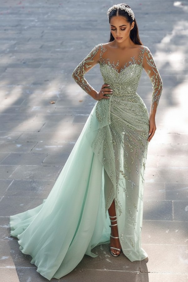 Elegante Abendkleider Lang Glitzer | Blaue Abiballkleider mit Ärmel