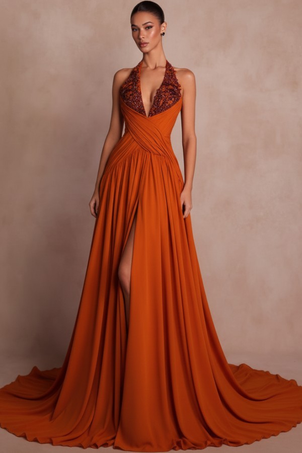 Elegante Abendkleider Lang Braun V Ausschnitt Ballkleider Chiffon