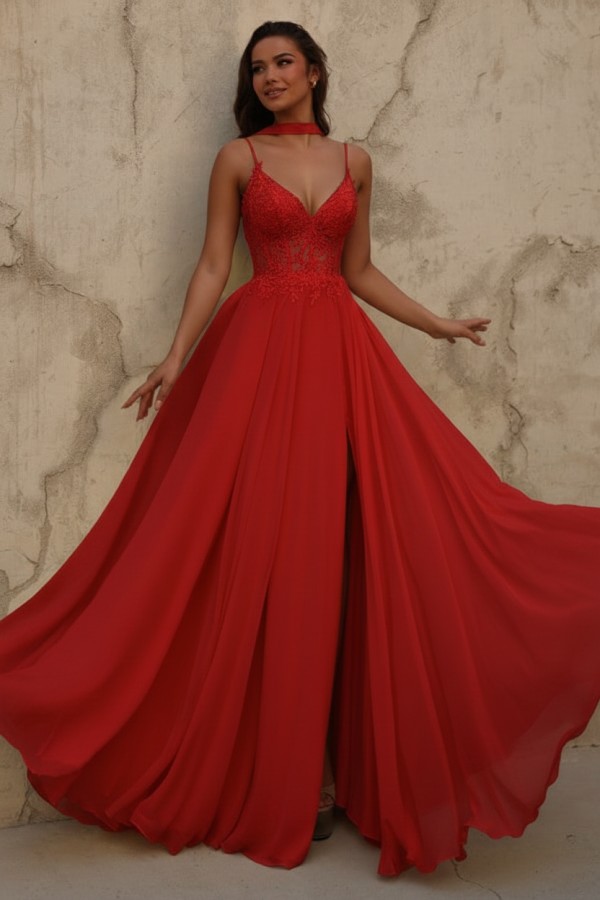 Gelb Abendkleid Lang Chiffon Schlicht Ballkleid mit Spitze