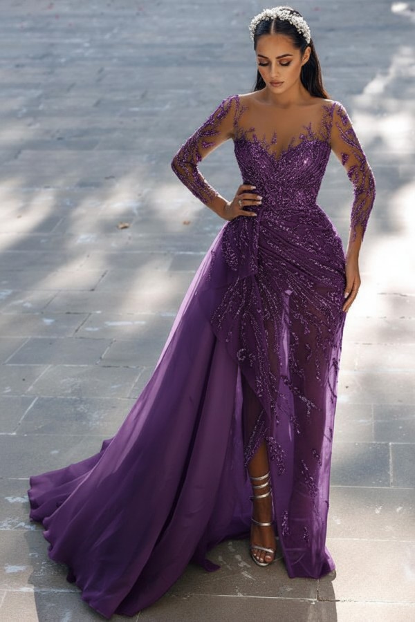 Elegante Abendkleider Lang Glitzer | Blaue Abiballkleider mit Ärmel