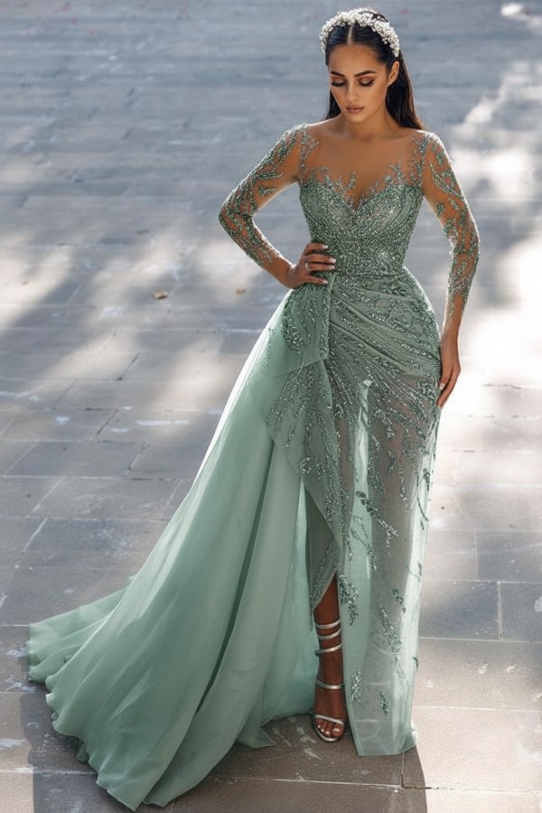 Elegante Abendkleider Lang Glitzer | Blaue Abiballkleider mit Ärmel