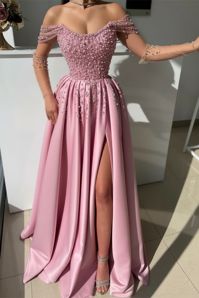Schöne Abendkleider Lang Dusty Rosa | Abiballkleider mit Glitzer