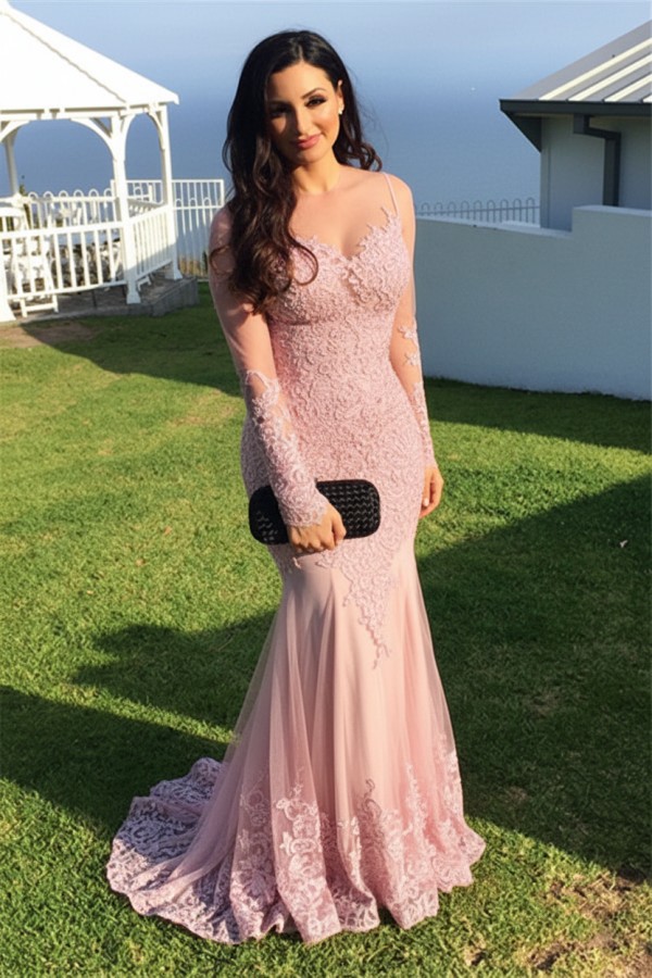 Schwarz Abendkleider Lang Ärmel Spitze Meerjungfrau Abendmoden Partykleider