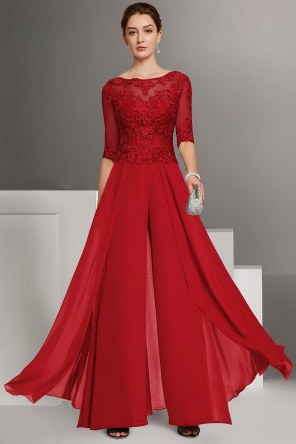 Festliche Hosenanzüge Lang | Chiffon Brautmutterkleider mit Ärmel