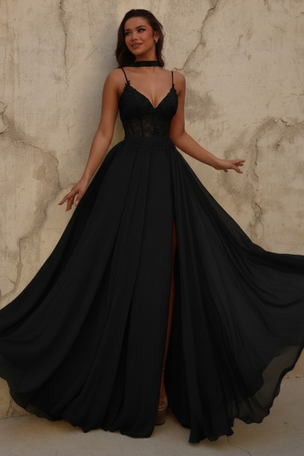 Gelb Abendkleid Lang Chiffon Schlicht Ballkleid mit Spitze
