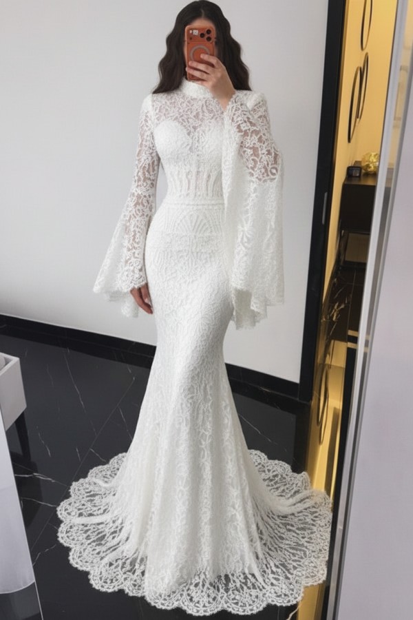 Braun Abendkleider Lang Spitze Meerjungfrau Ballkleid mit Ärmel