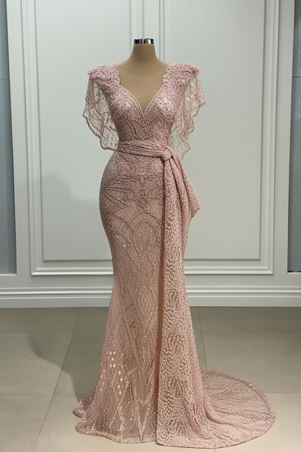 Elegante Abendkleider Lang Gold Spitze Abiballkleider mit Glitzer