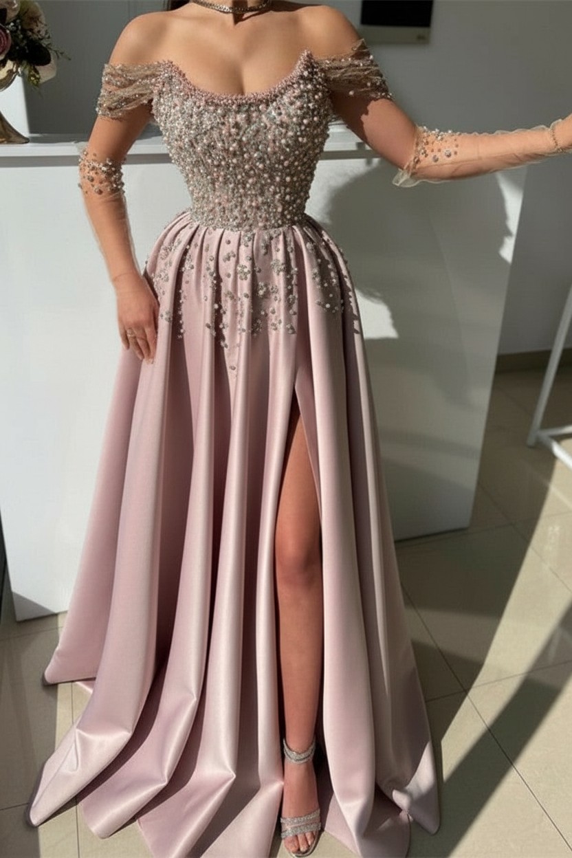 Schöne Abendkleider Lang Dusty Rosa | Abiballkleider mit Glitzer