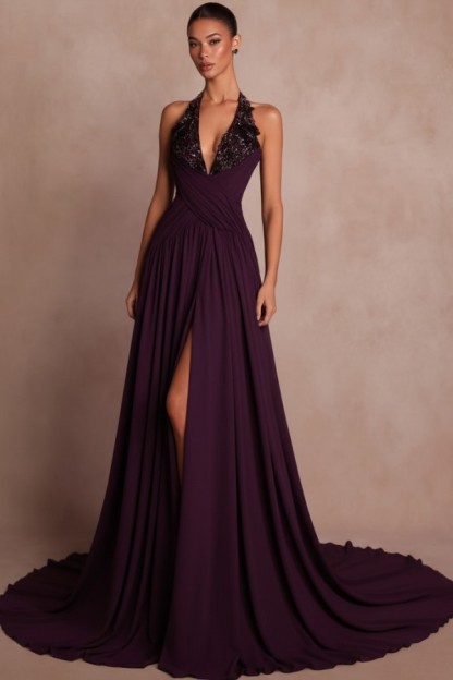 Elegante Abendkleider Lang Braun V Ausschnitt Ballkleider Chiffon