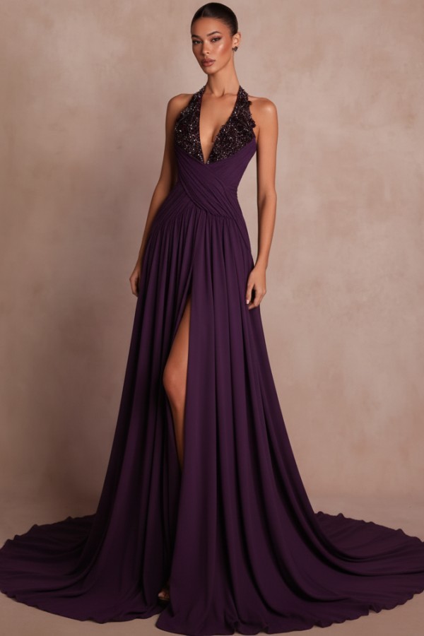 Elegante Abendkleider Lang Braun V Ausschnitt Ballkleider Chiffon