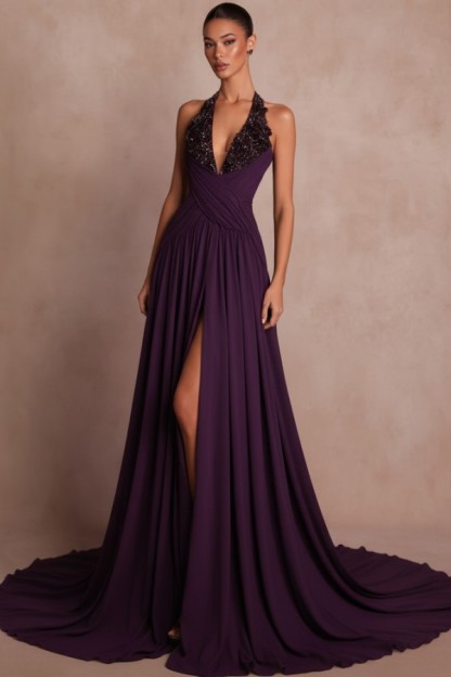 Elegante Abendkleider Lang Braun V Ausschnitt Ballkleider Chiffon