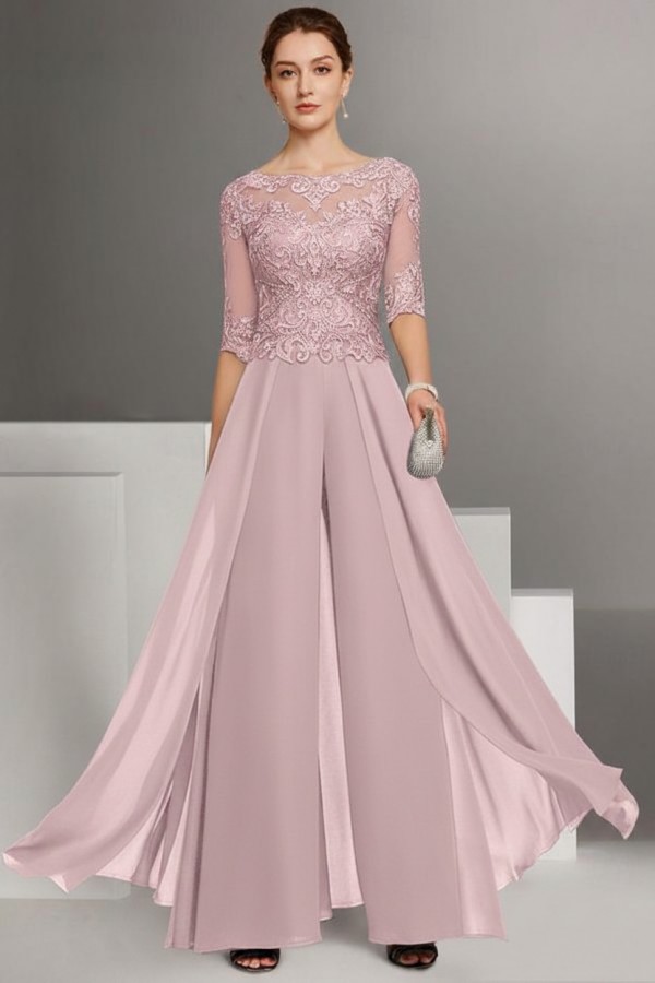 Festliche Hosenanzüge Lang | Chiffon Brautmutterkleider mit Ärmel