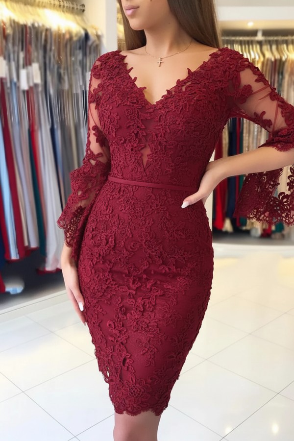 Elegante Purple Cocktailkleider Kurz | Spitze Abendkleider Mit Ärmel