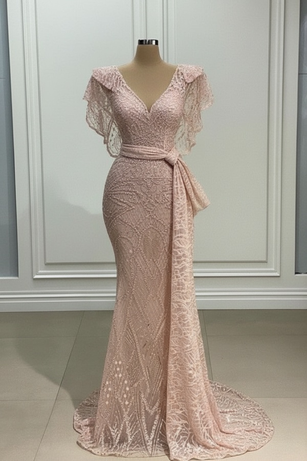 Elegante Abendkleider Lang Gold Spitze Abiballkleider mit Glitzer