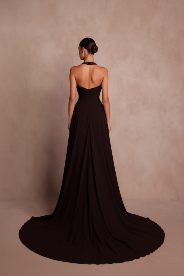 Elegante Abendkleider Lang Braun V Ausschnitt Ballkleider Chiffon