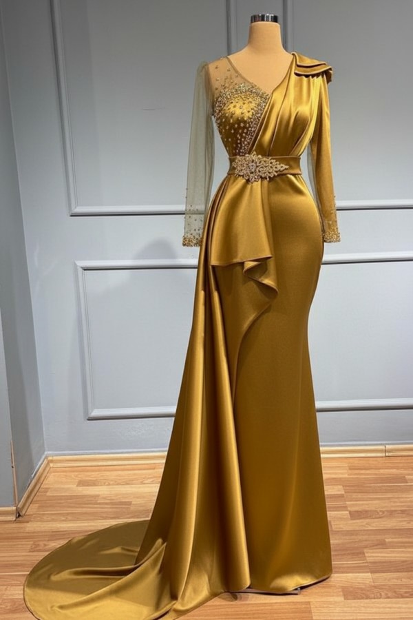 Olive Grün Abendkleider Mit Ärmel | Abiballkleider mit Glitzer