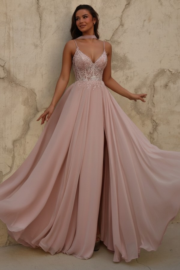 Gelb Abendkleid Lang Chiffon Schlicht Ballkleid mit Spitze
