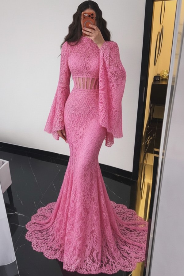 Braun Abendkleider Lang Spitze Meerjungfrau Ballkleid mit Ärmel