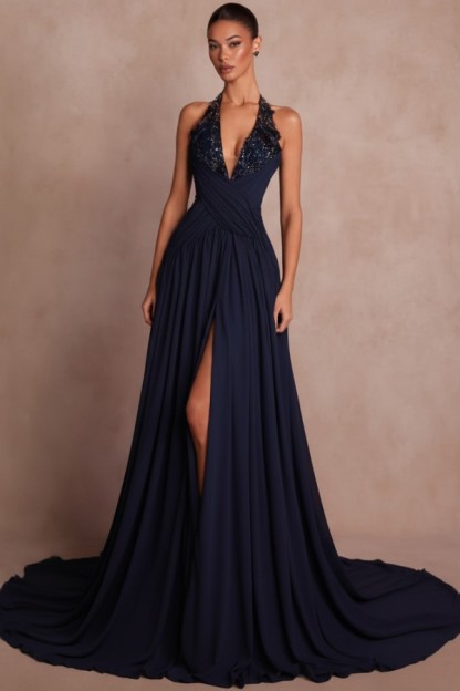 Elegante Abendkleider Lang Braun V Ausschnitt Ballkleider Chiffon