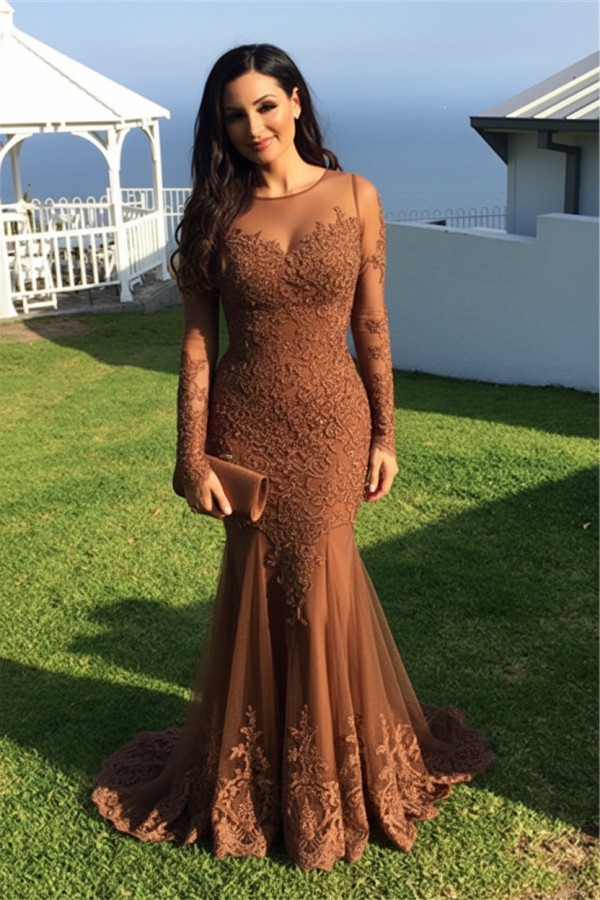 Schwarz Abendkleider Lang Ärmel Spitze Meerjungfrau Abendmoden Partykleider