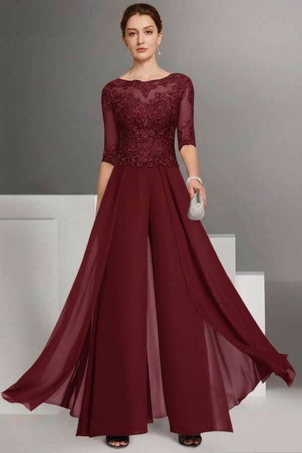 Festliche Hosenanzüge Lang | Chiffon Brautmutterkleider mit Ärmel