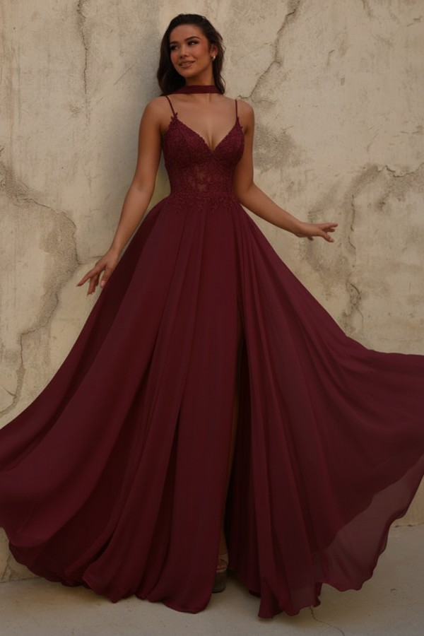 Gelb Abendkleid Lang Chiffon Schlicht Ballkleid mit Spitze