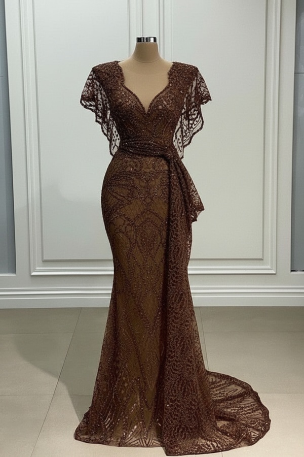 Elegante Abendkleider Lang Gold Spitze Abiballkleider mit Glitzer