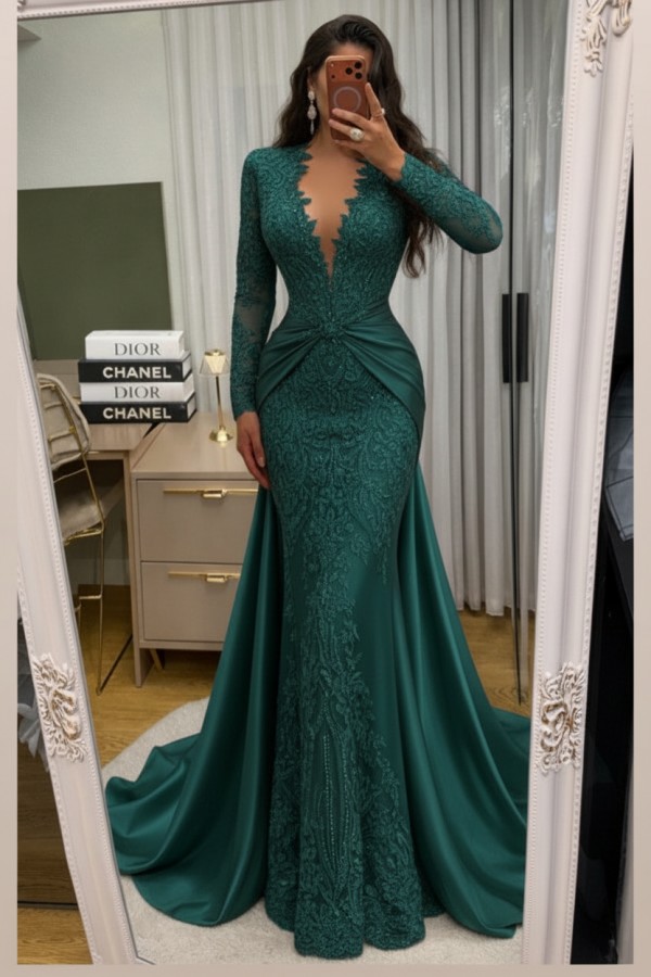 Wunderschöne Abendkleider Lang Spitze Abiballkleider mit Ärmel