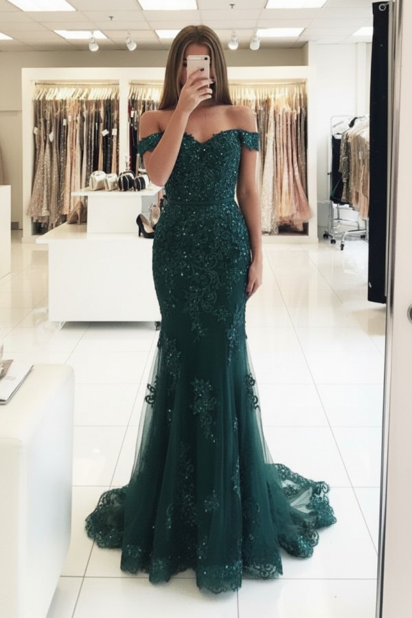 Rot Lange Abendkleider Spitze Perlen Schulterfrei Meerjungfrau Abibllkleider Partykleider BA3809