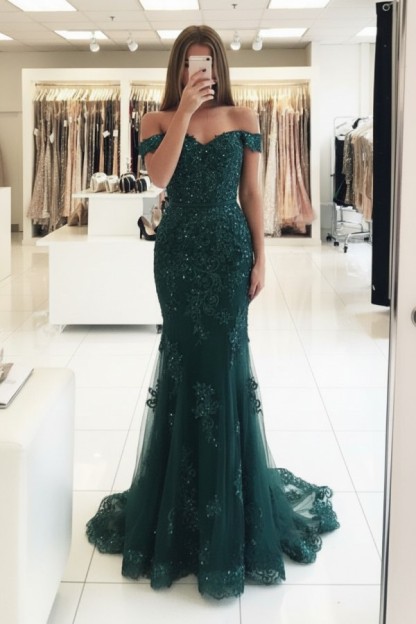 Rot Lange Abendkleider Spitze Perlen Schulterfrei Meerjungfrau Abibllkleider Partykleider BA3809