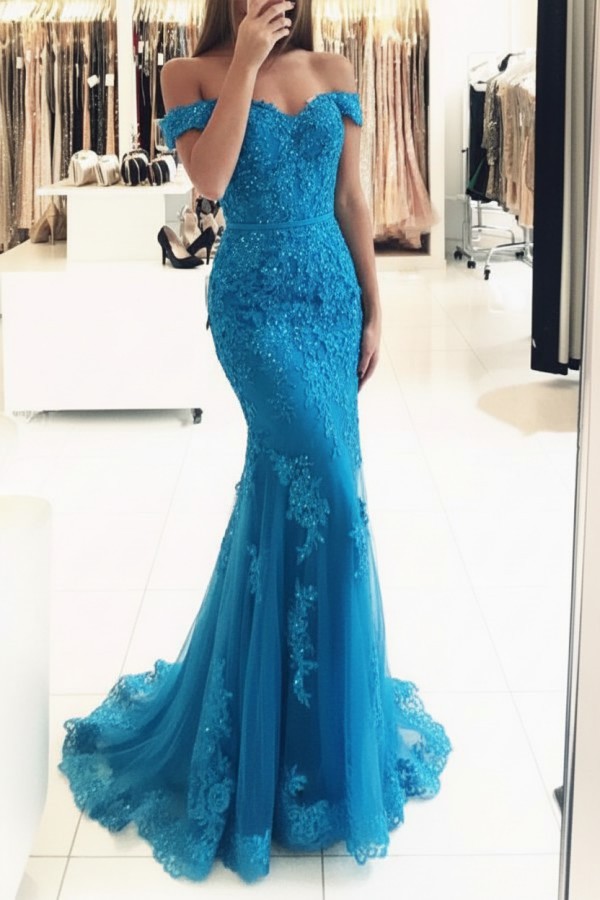 Rot Lange Abendkleider Spitze Perlen Schulterfrei Meerjungfrau Abibllkleider Partykleider BA3809