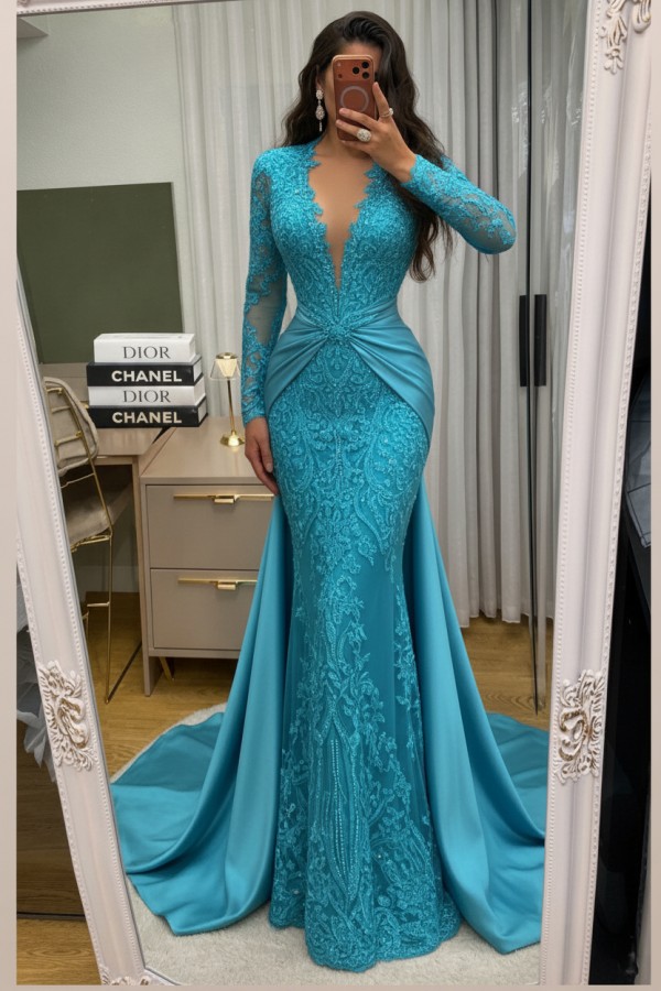 Wunderschöne Abendkleider Lang Spitze Abiballkleider mit Ärmel