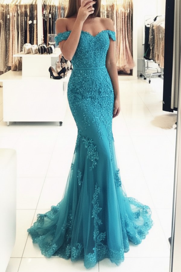 Rot Lange Abendkleider Spitze Perlen Schulterfrei Meerjungfrau Abibllkleider Partykleider BA3809