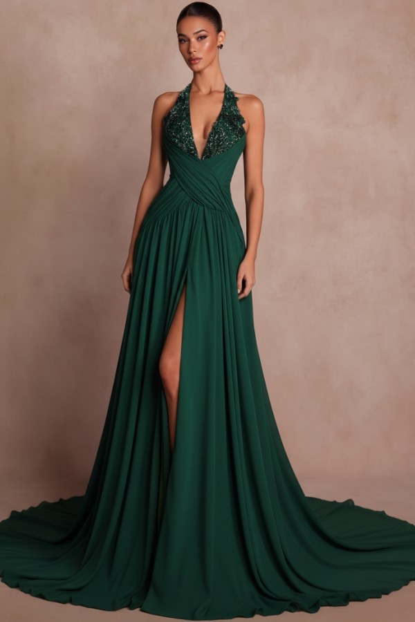 Elegante Abendkleider Lang Braun V Ausschnitt Ballkleider Chiffon