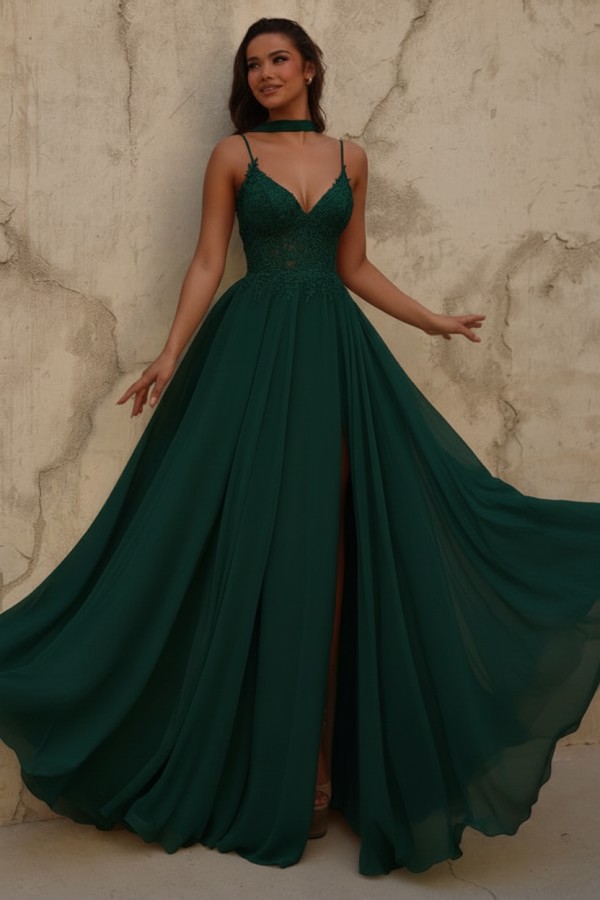 Gelb Abendkleid Lang Chiffon Schlicht Ballkleid mit Spitze