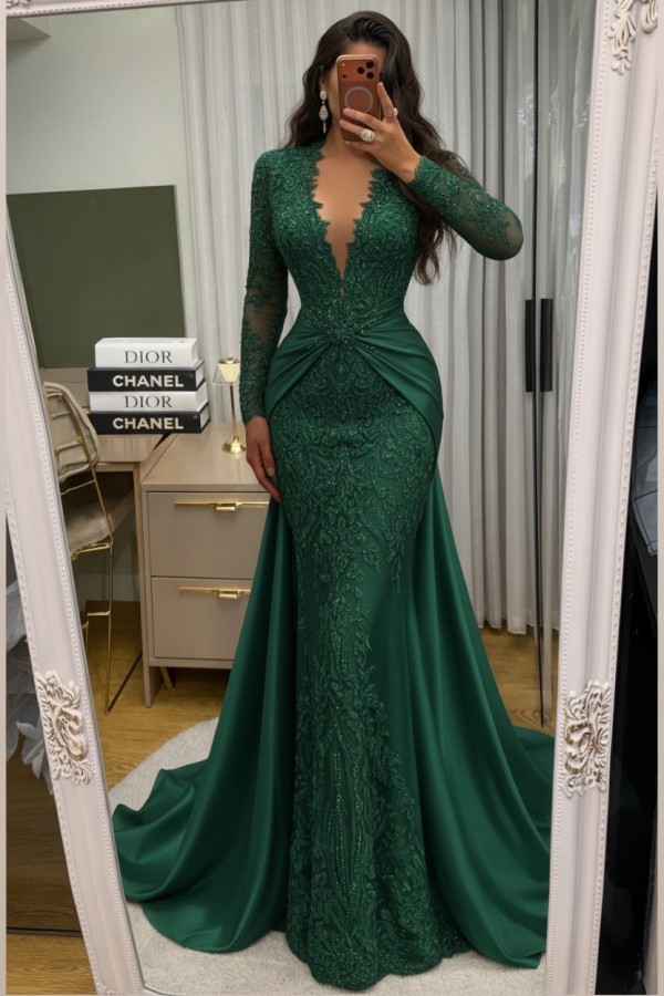 Wunderschöne Abendkleider Lang Spitze Abiballkleider mit Ärmel