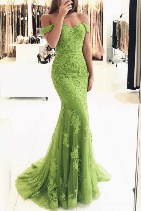 Rot Lange Abendkleider Spitze Perlen Schulterfrei Meerjungfrau Abibllkleider Partykleider BA3809