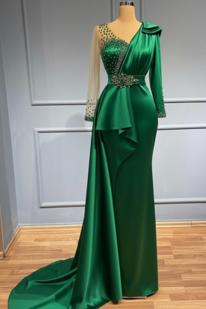 Olive Grün Abendkleider Mit Ärmel | Abiballkleider mit Glitzer